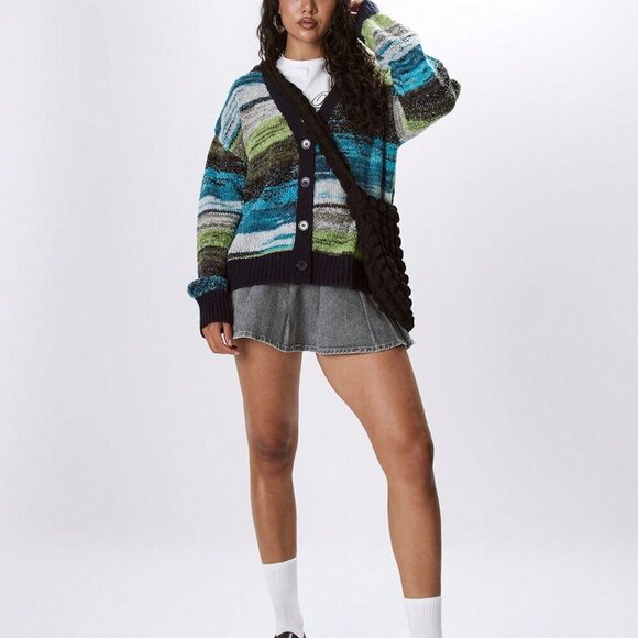 Multicolor Casual Women's Contrast Binding striped Marble Knit Cardigan - Picture 4 of 5